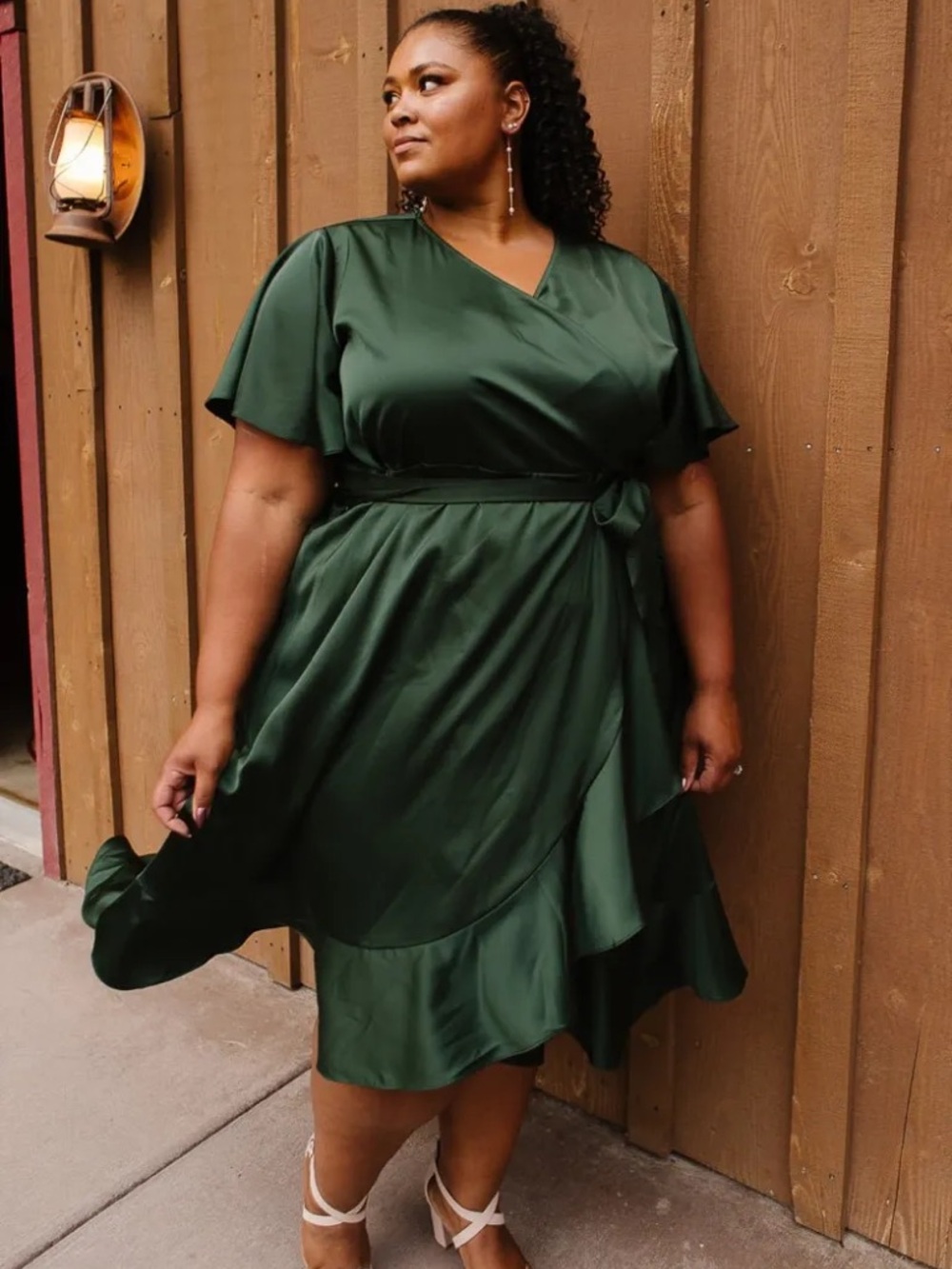 Ivy City Co Emerald Green Satin Wrap Midi Dress